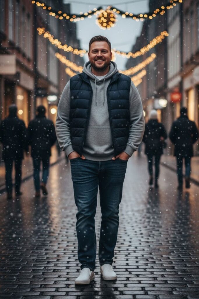 15. Hoodie with Puffer Vest and Sneakers