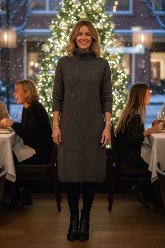 15. Knit Turtleneck Dress With Thick Tights and Chelsea Boots