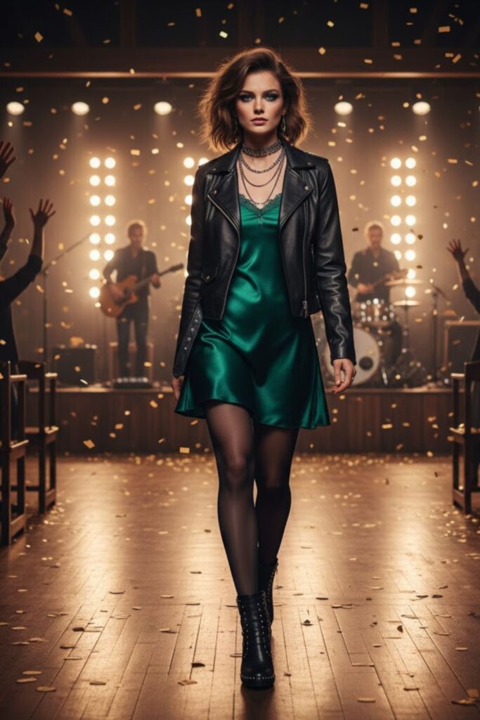 15. Leather Jacket + Midi Slip Dress + Tights + Studded Ankle Boots