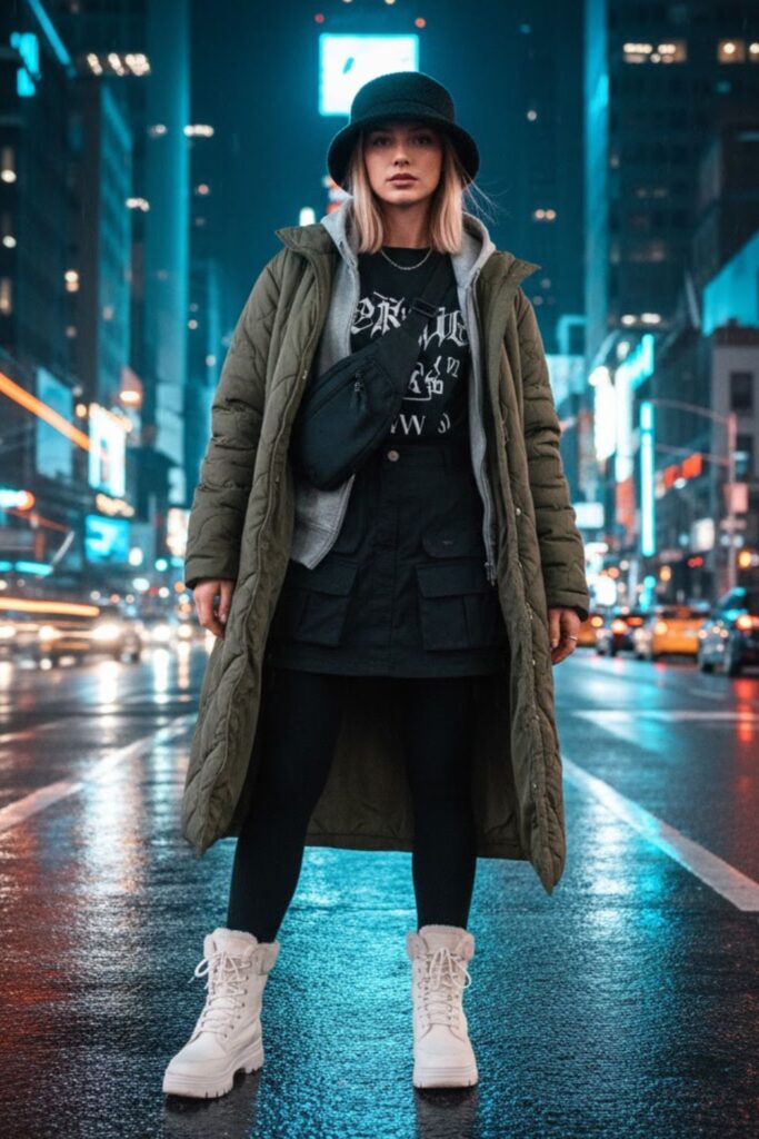 15. Quilted Long Coat, Graphic Tee, Hoodie Layer, Cargo Skirt & Winter Boots
