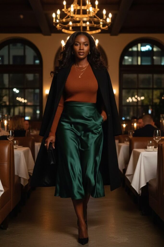 15. Satin Midi Skirt with a Fitted Long-Sleeve Top