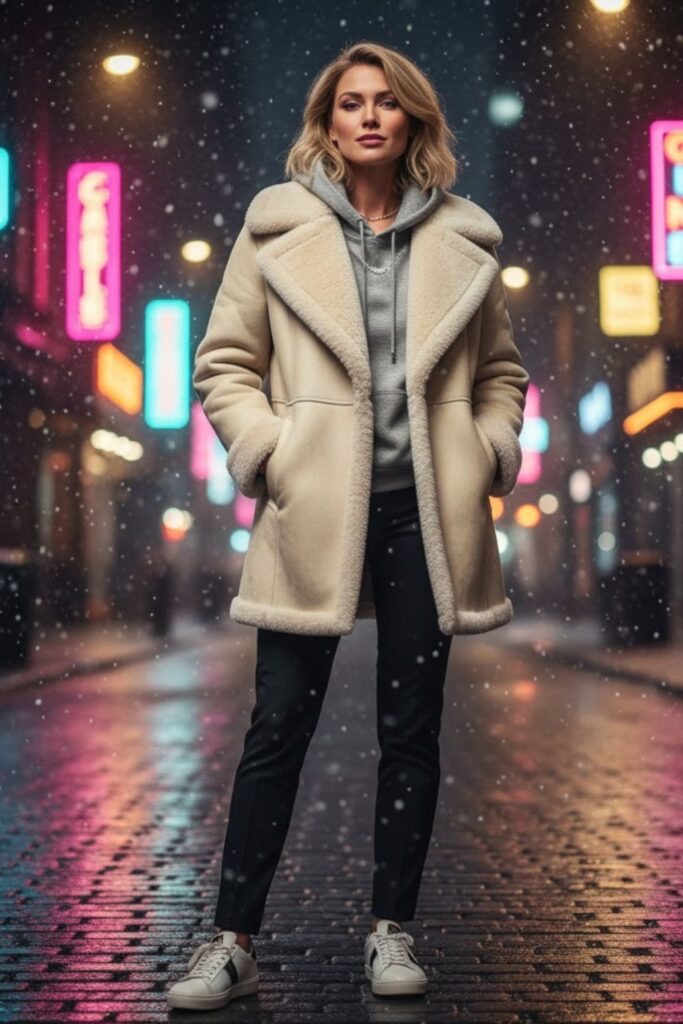 15. Shearling Coat + Hoodie + Slim Black Pants + Designer Sneakers