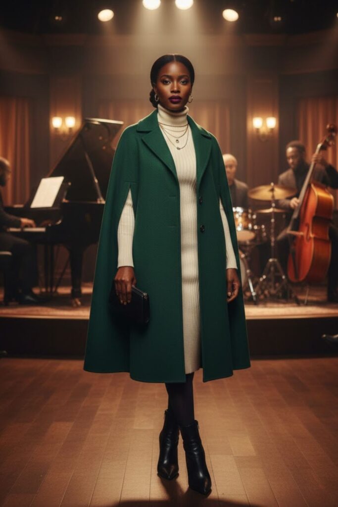 15. Wool Cape Coat + Turtleneck Dress + Opaque Tights + Pointed Boots