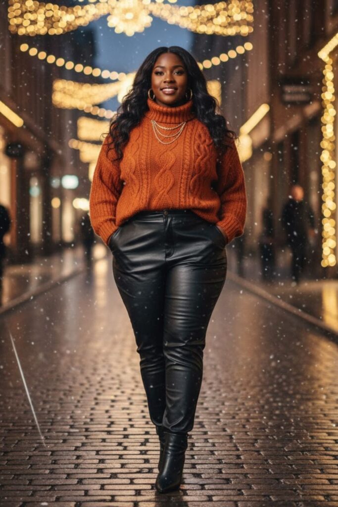 2. Chunky Knit Sweater with Faux Leather Pants