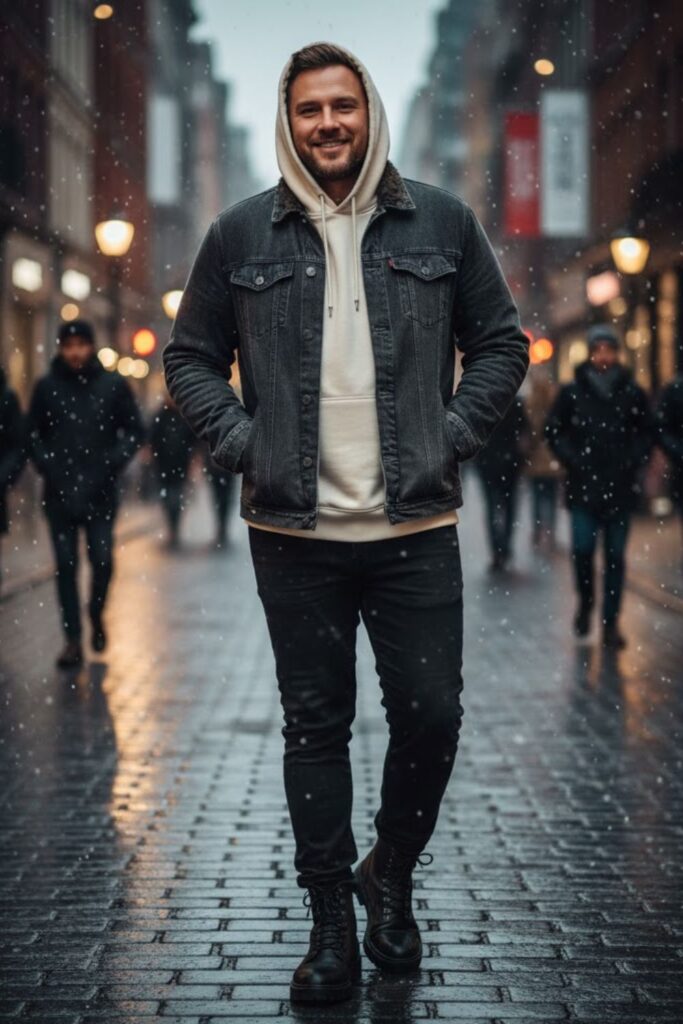 2. Denim Jacket with Hoodie and Jeans