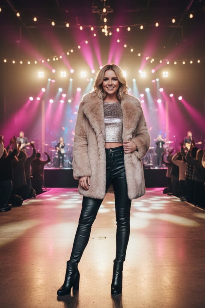 2. Faux Fur Coat + Leather Pants + Sparkle Top + Ankle Boots