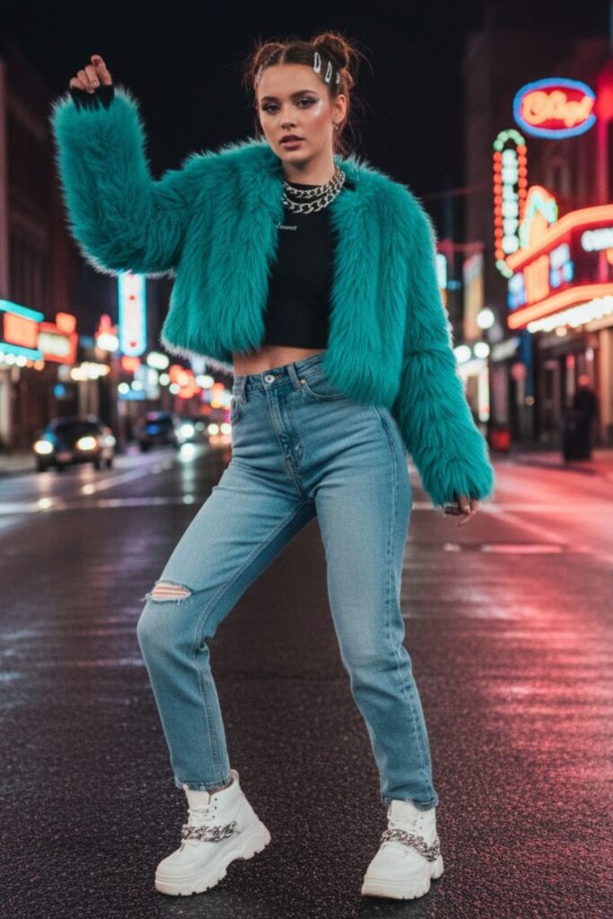 2. Faux Fur Jacket, Crop Top, High-Waisted Jeans & Platform Sneakers