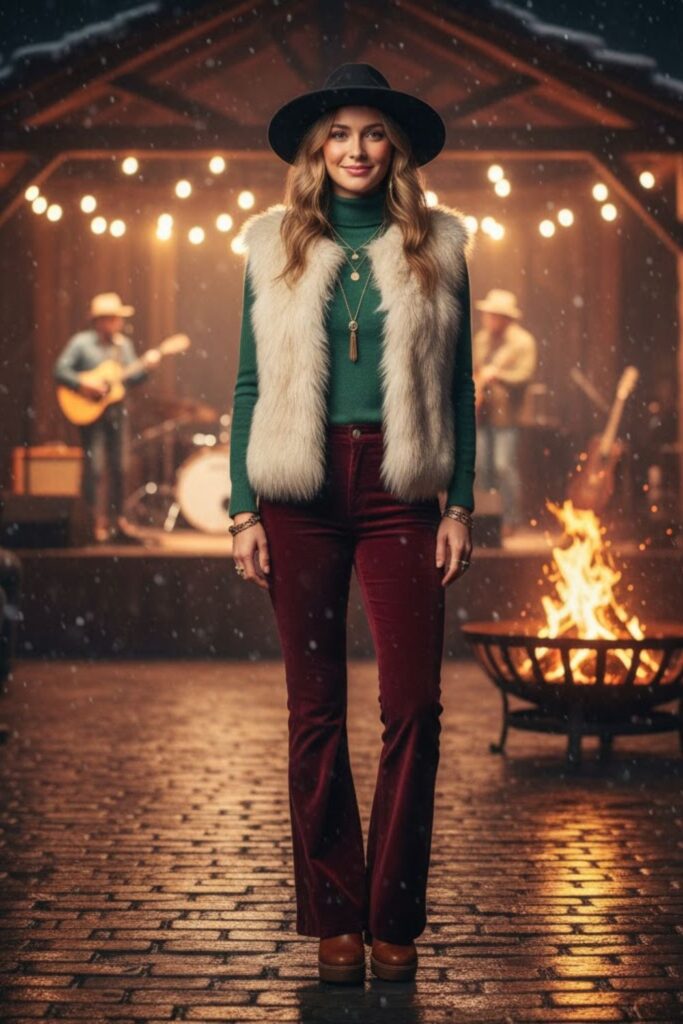 2. Faux Fur Vest + Thermal Turtleneck + Velvet Flares + Felt Hat