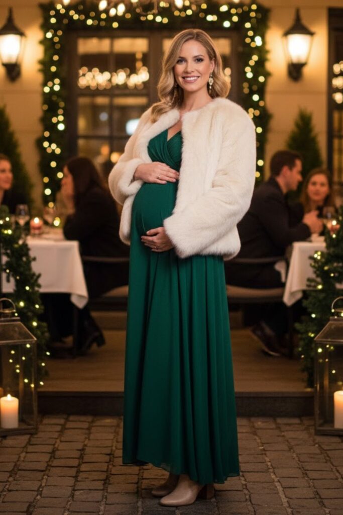 2. Flowy Maxi Dress with Faux Fur Jacket