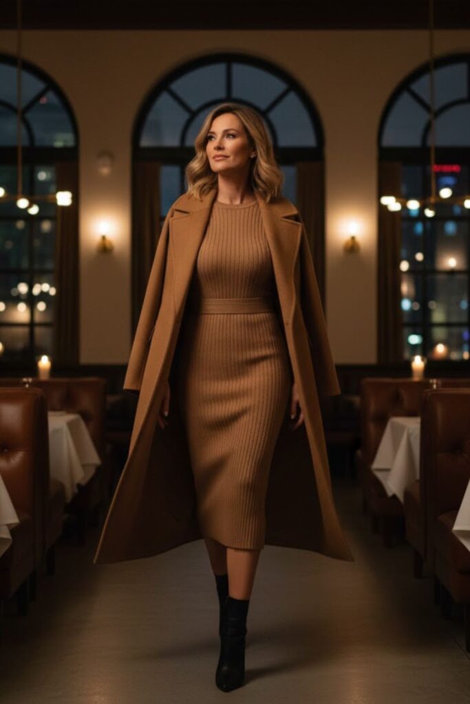 2. Knit Midi Dress with Heeled Boots and a Belted Coat