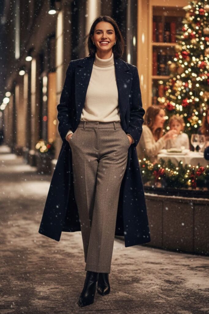 2. Long Wool Coat Over a Turtleneck and Wide-Leg Pants