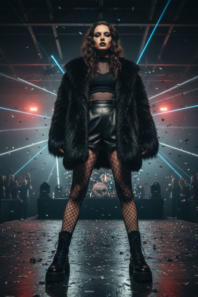 2. Oversized Black Fur Coat + Fishnet Layers + Leather Shorts + Tights + Platform Boots