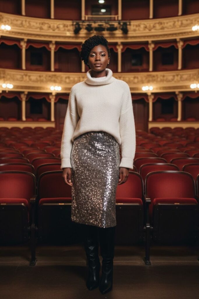 2. Oversized Turtleneck Sweater + Sequin Midi Skirt + Tall Boots