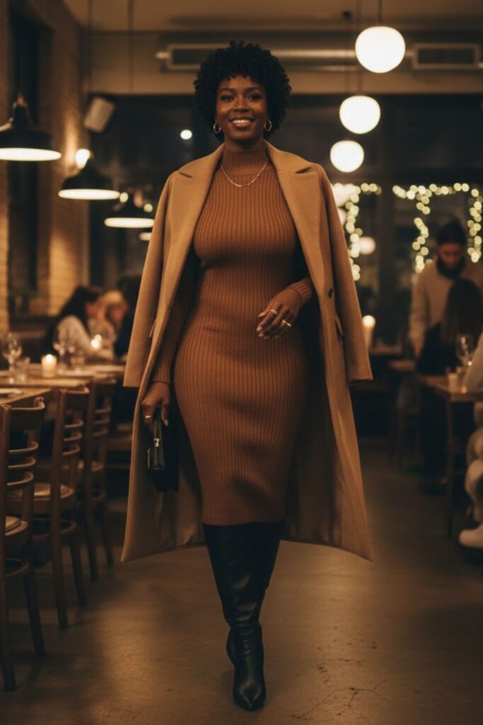 2. Ribbed Sweater Dress with Knee-High Boots