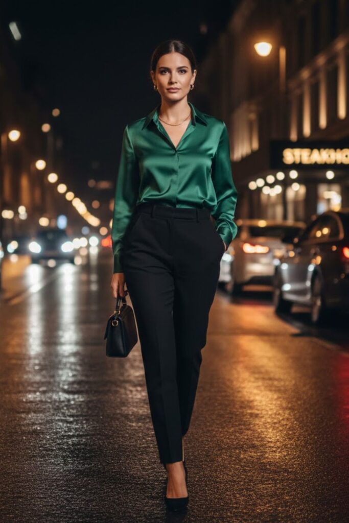 2. Satin Blouse with Tailored Trousers