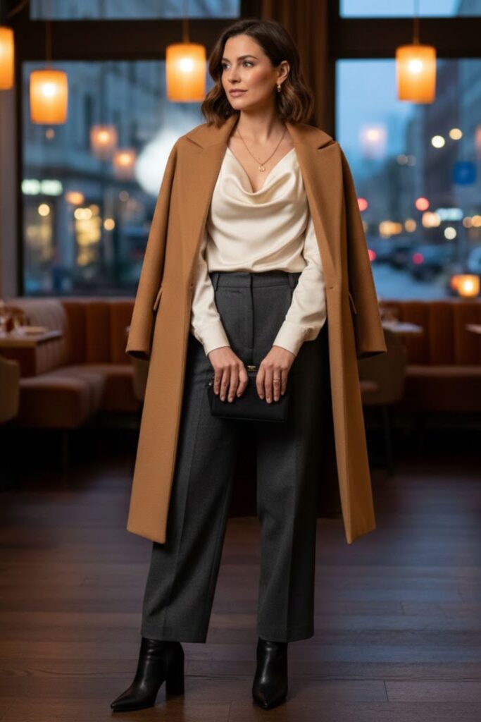 2. Satin Blouse with Tailored Trousers and Heels