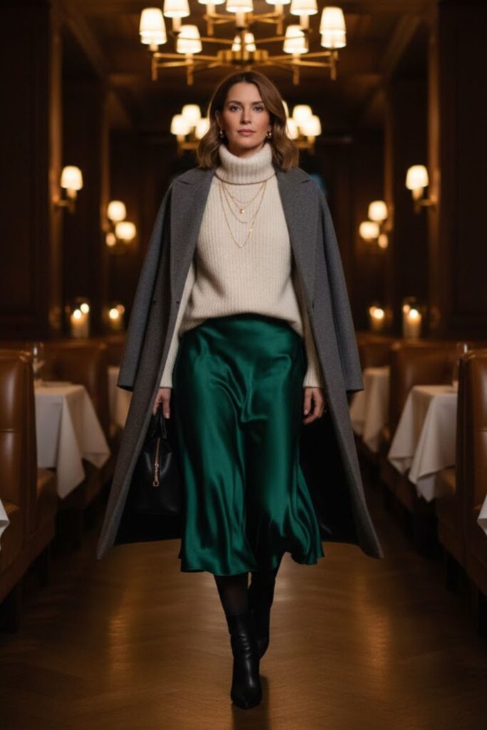3. Black Turtleneck with a Midi Skirt and Longline Coat