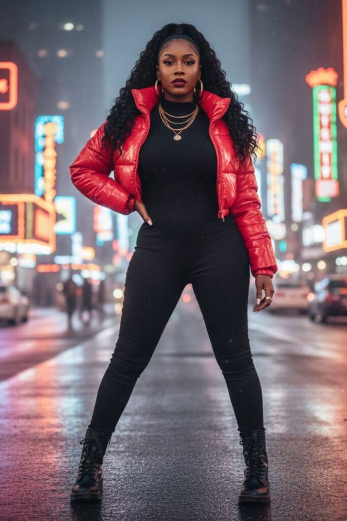 3. Cropped Puffer Jacket + Bodycon Jumpsuit + Combat Boots