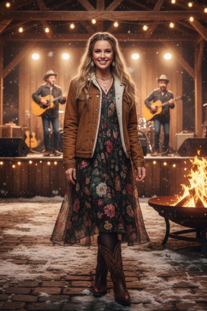 3. Denim Jacket with Sherpa Collar + Floral Midi Dress + Cowboy Boots