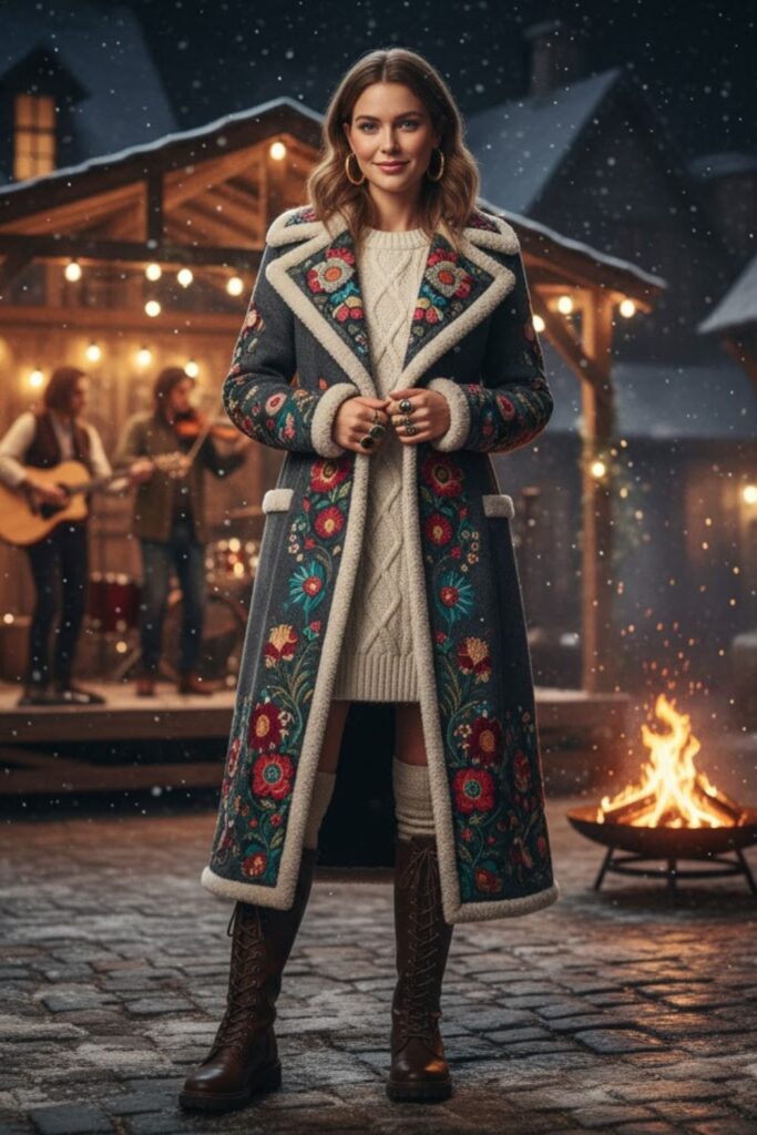 3. Embroidered Coat + Cable Knit Dress + Lace-Up Boots