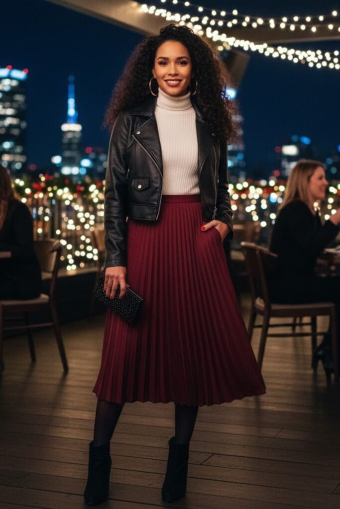 3. Faux-Leather Jacket, Knit Top, and Midi Skirt