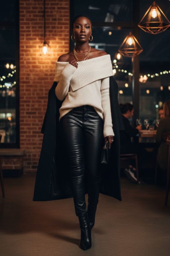 3. Leather Pants with an Off-Shoulder Knit Top
