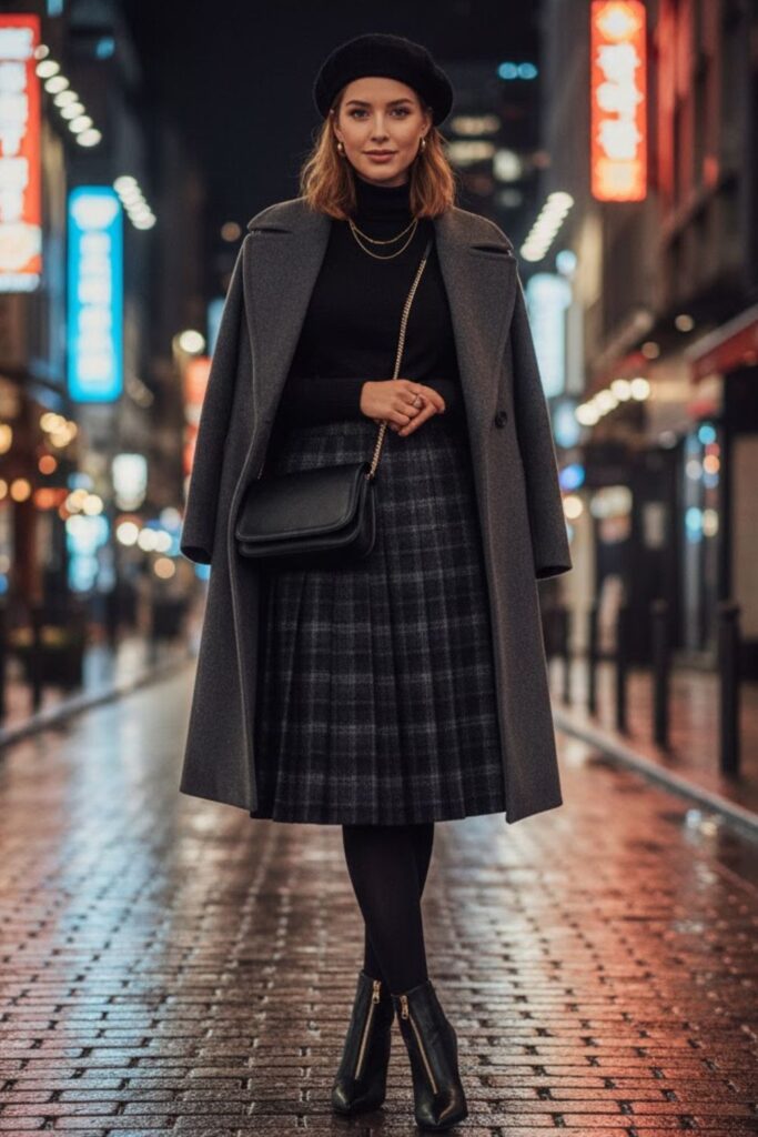 3. Long Wool Coat, Turtleneck Sweater, Pleated Skirt & Heeled Booties