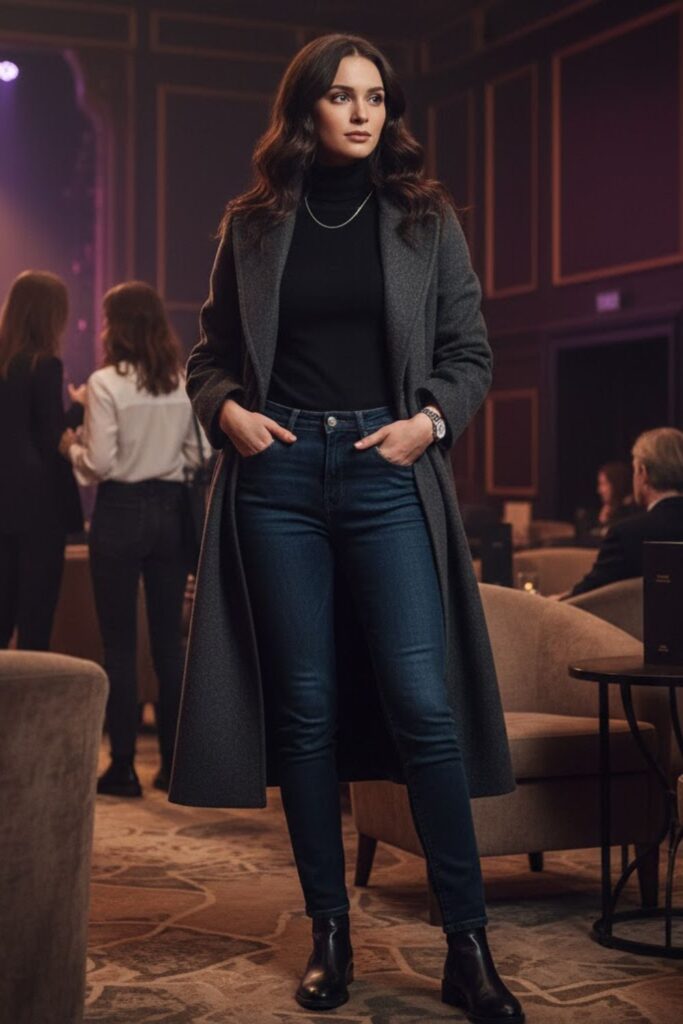 3. Longline Coat + Turtleneck Sweater + Dark Denim + Chelsea Boots