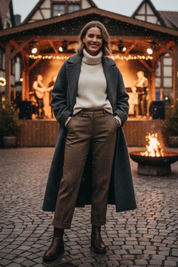 3. Oversized Wool Coat + Turtleneck + Tweed Trousers + Chelsea Boots