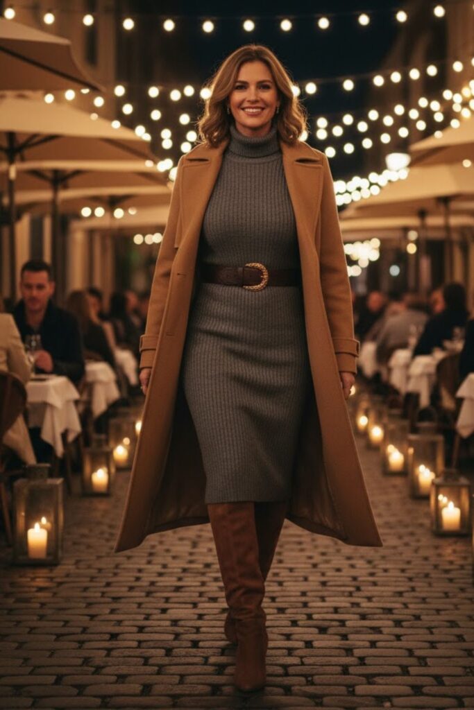 3. Turtleneck Sweater Dress with Knee-High Boots