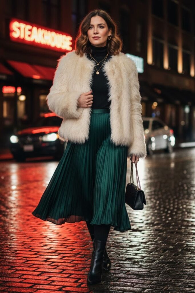 4. Faux Fur Jacket with Midi Skirt