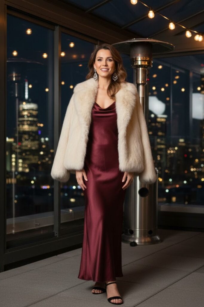 4. Faux Fur Jacket with a Slip Dress