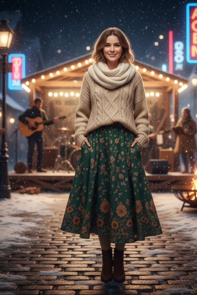 4. Folk-Inspired Maxi Skirt + Thermal Tights + Cable Knit Sweater + Ankle Boots