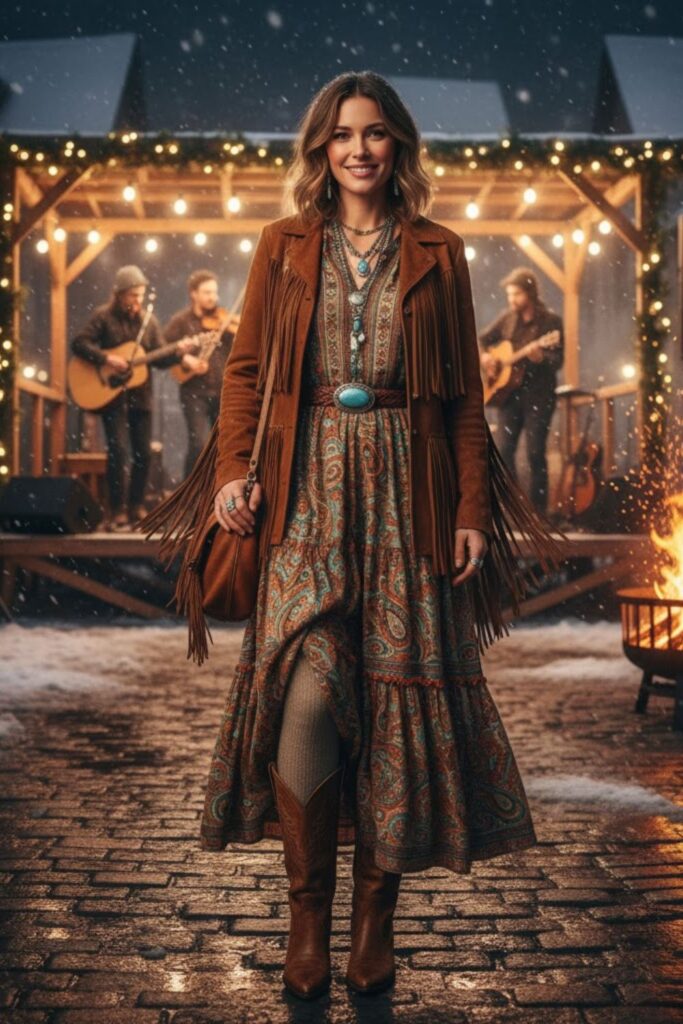 4. Fringe Suede Jacket + Printed Midi Dress + Western Boots