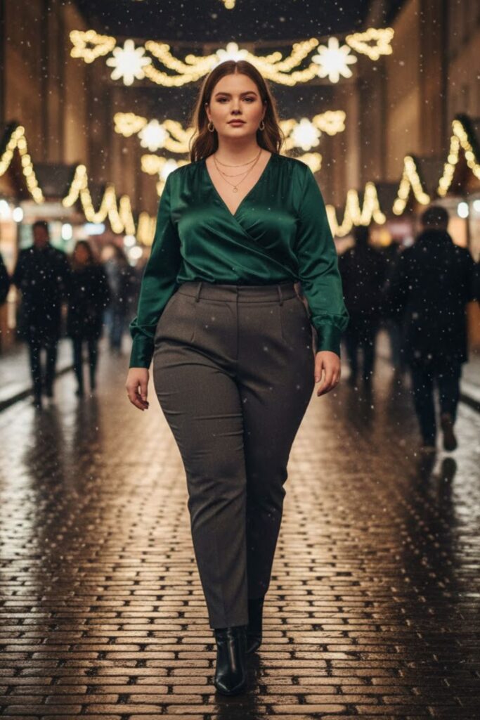 4. High-Waisted Trousers and Wrap Blouse