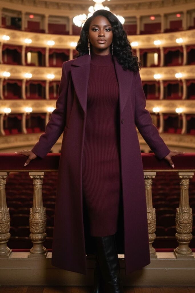 4. Long Wool Coat + Knit Dress + Knee-High Boots