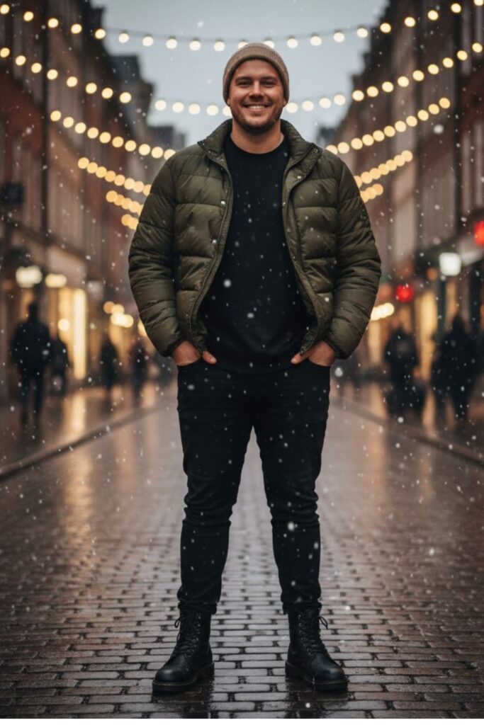 4. Puffer Jacket with Black Jeans