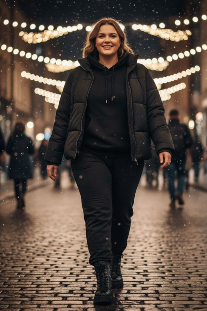 4. Puffer Jacket with Joggers and a Hoodie