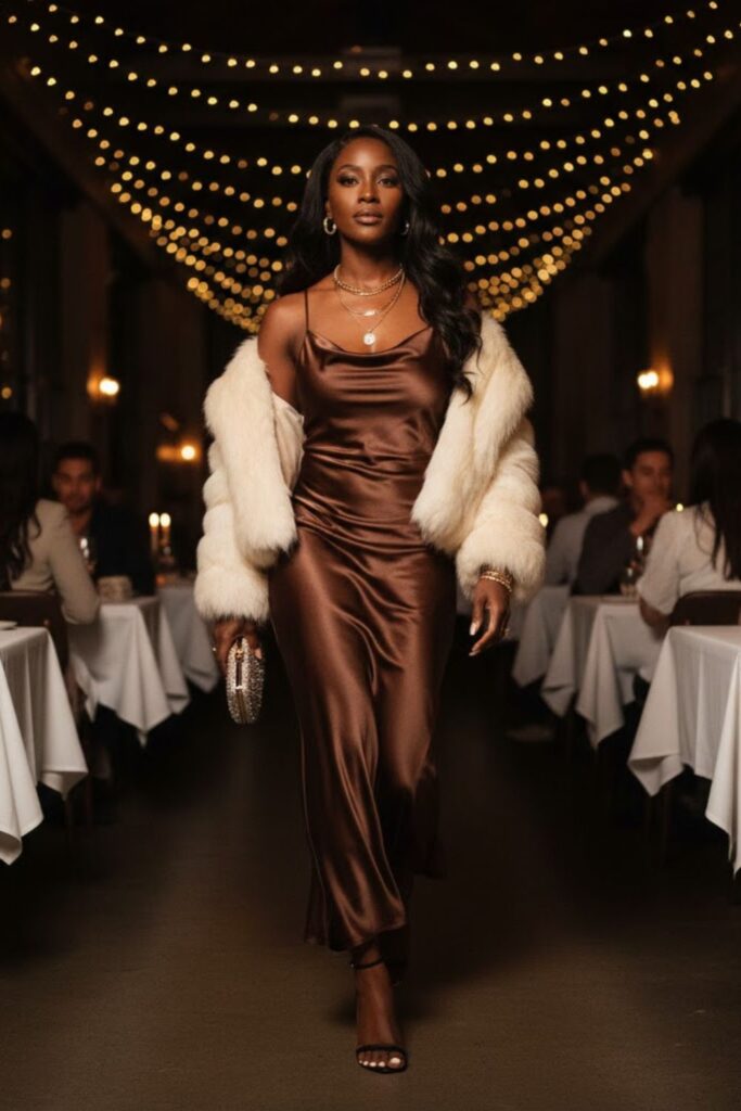 4. Satin Slip Dress with a Faux Fur Jacket