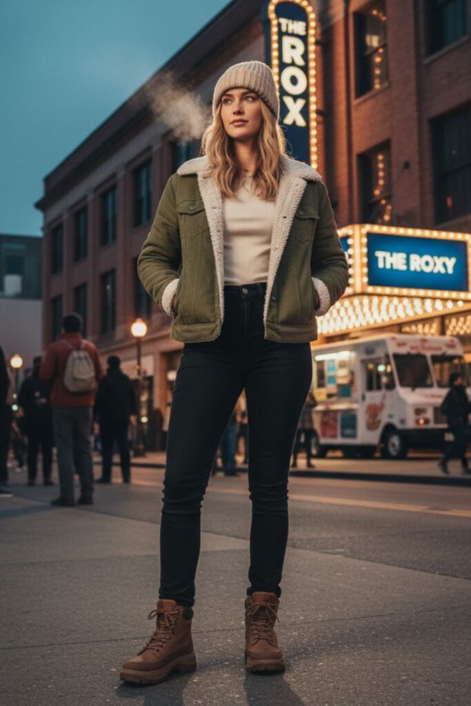 4. Sherpa-Lined Jacket + Thermal Shirt + Black Jeans + Winter Boots