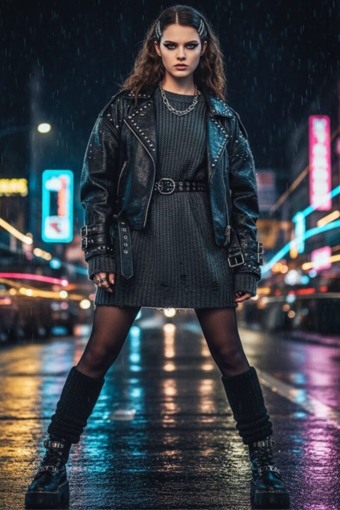 4. Statement Leather Jacket, Knit Dress, Leg Warmers & Chunky Boots