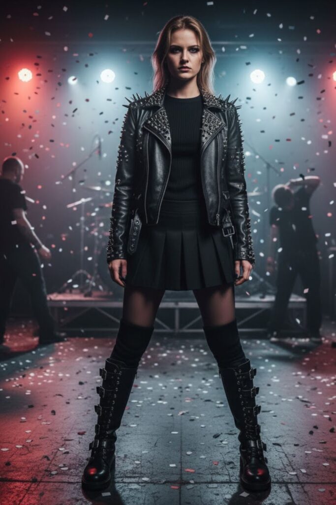 4. Studded Leather Jacket + Thermal Long Sleeve + Pleated Mini Skirt + Thick Tights + Knee-High Boots