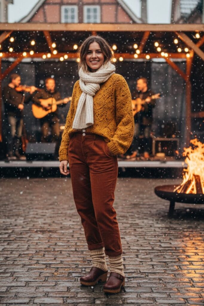 5. Crochet Sweater + Corduroy Pants + Knit Scarf + Platform Clogs