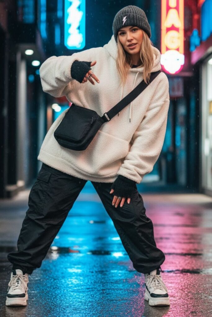 5. Fleece-Lined Hoodie, Balloon Cargo Pants, Beanie & High-Top Sneakers