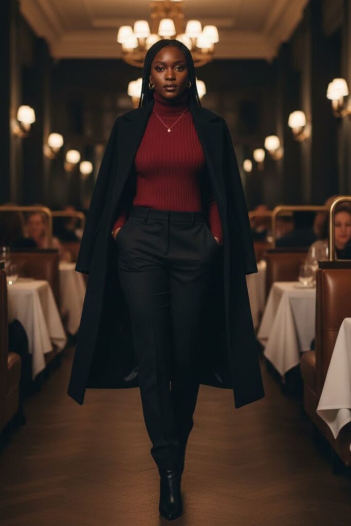 5. High-Waisted Tailored Trousers with a Sleek Turtleneck