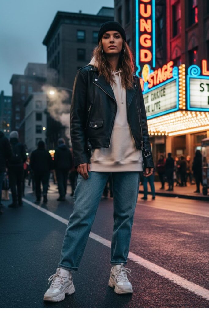 5. Leather Jacket + Hoodie + Relaxed-Fit Jeans + Chunky Sneakers