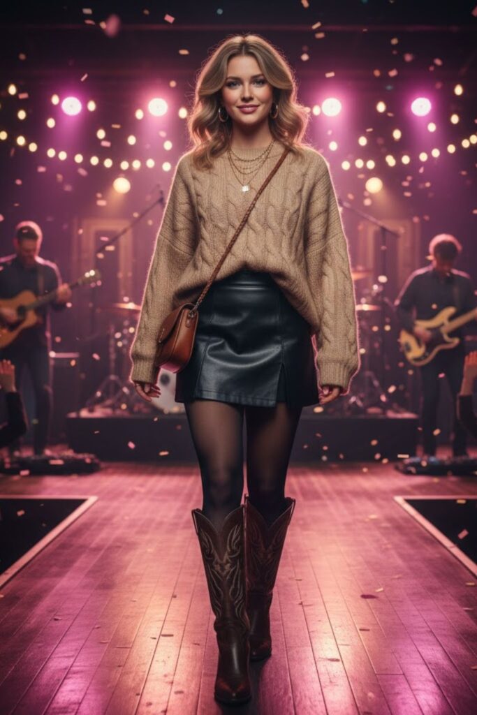 5. Oversized Knit Sweater + Faux Leather Mini Skirt + Tall Boots