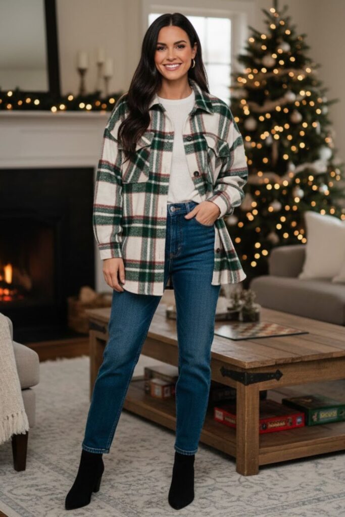 5. Plaid Shacket Layered Over a Basic Top and High-Waisted Jeans