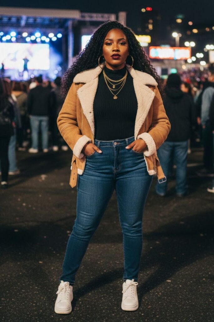 5. Shearling Jacket + High-Waisted Jeans + Bodysuit + Sneakers