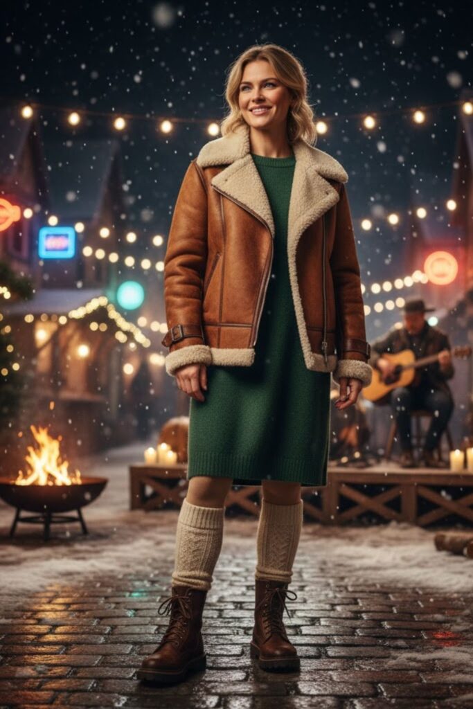 5. Shearling Jacket + Wool Dress + Thick Socks + Chunky Leather Boots